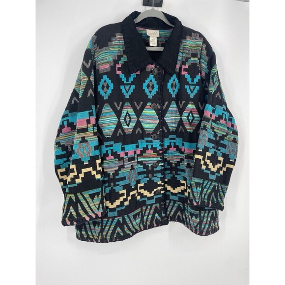 VTG Aztec Southwestern Tribal Boho Native Blanket Tapestry Chore Jacket Coat 3X - Picture 2 of 7